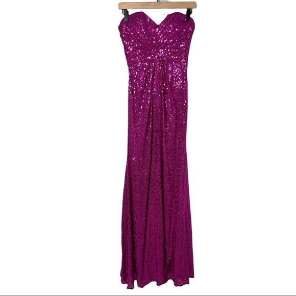 La Femme Strapless Sequin Gown Magenta Pink Cross Back Size 2 Prom Wedding Prom - Picture 3 of 13